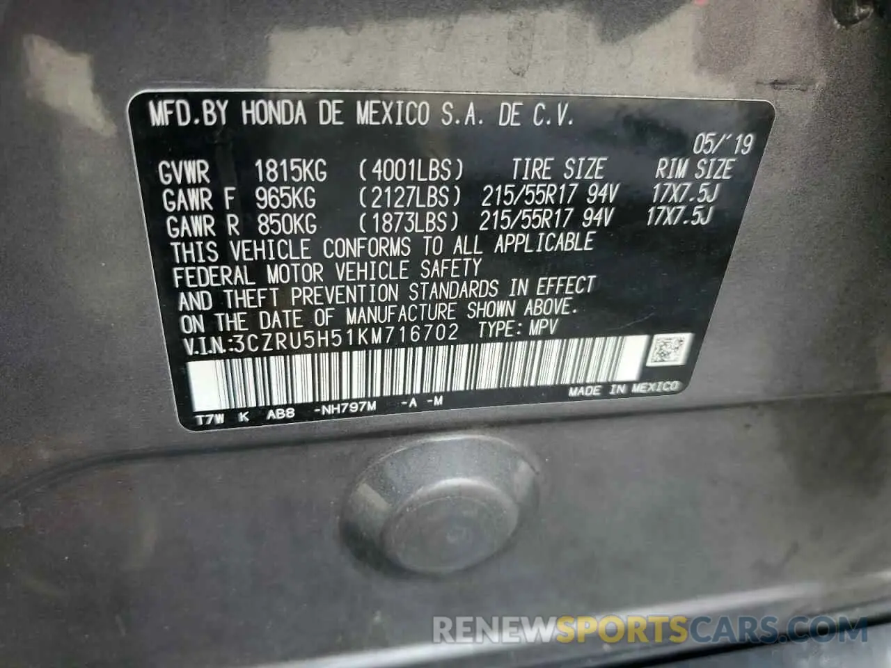 16 Photograph of a damaged car 3CZRU5H51KM716702 HONDA HR-V 2019