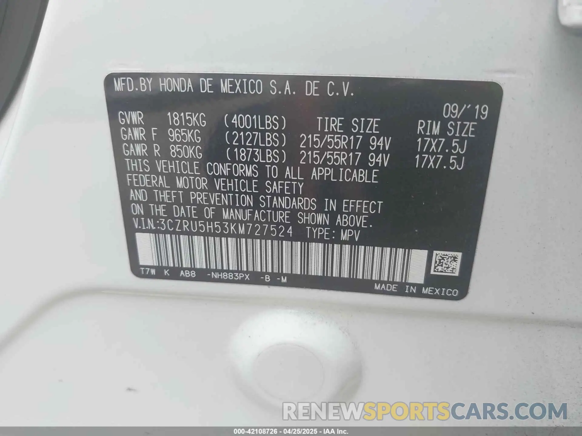 9 Photograph of a damaged car 3CZRU5H53KM727524 HONDA HR-V 2019