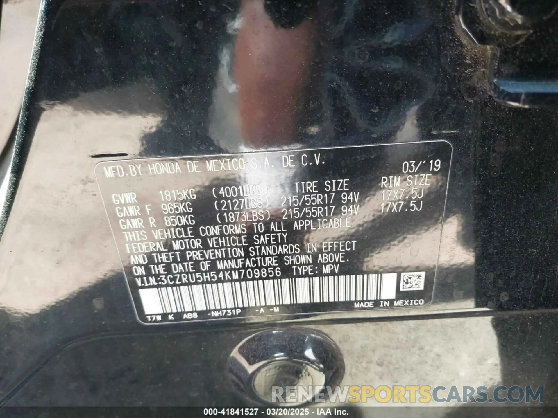 9 Photograph of a damaged car 3CZRU5H54KM709856 HONDA HR-V 2019