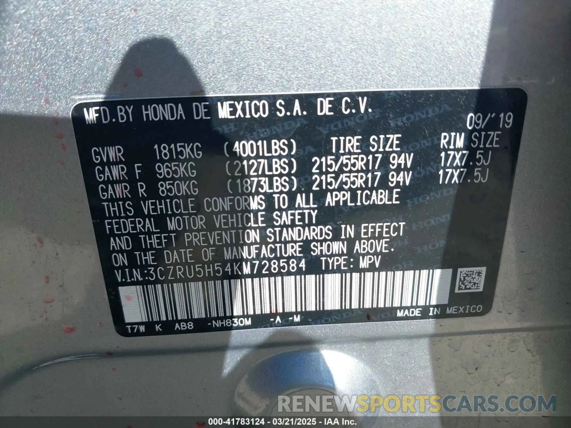9 Photograph of a damaged car 3CZRU5H54KM728584 HONDA HR-V 2019