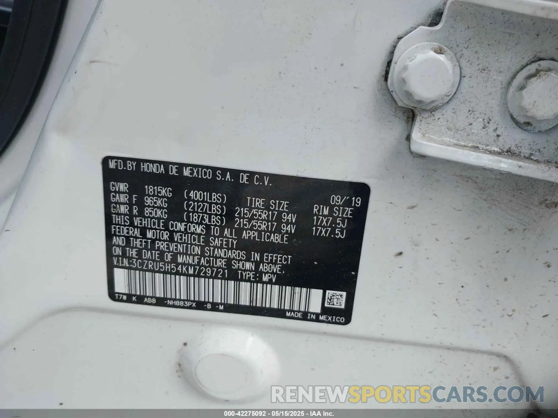 9 Фотография поврежденного автомобиля 3CZRU5H54KM729721 HONDA HR-V 2019