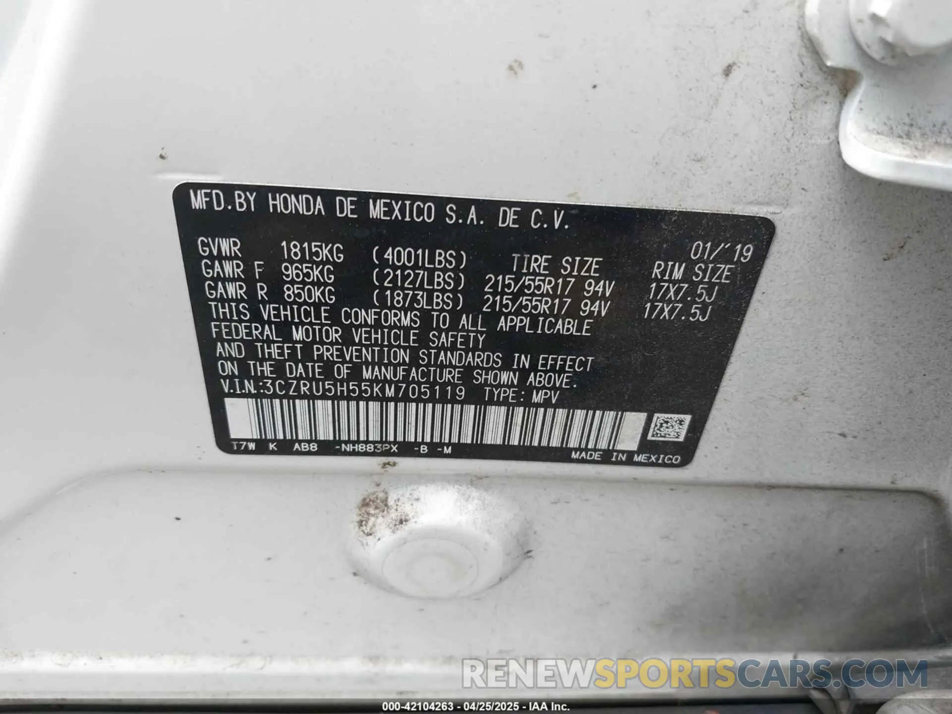9 Фотография поврежденного автомобиля 3CZRU5H55KM705119 HONDA HR-V 2019
