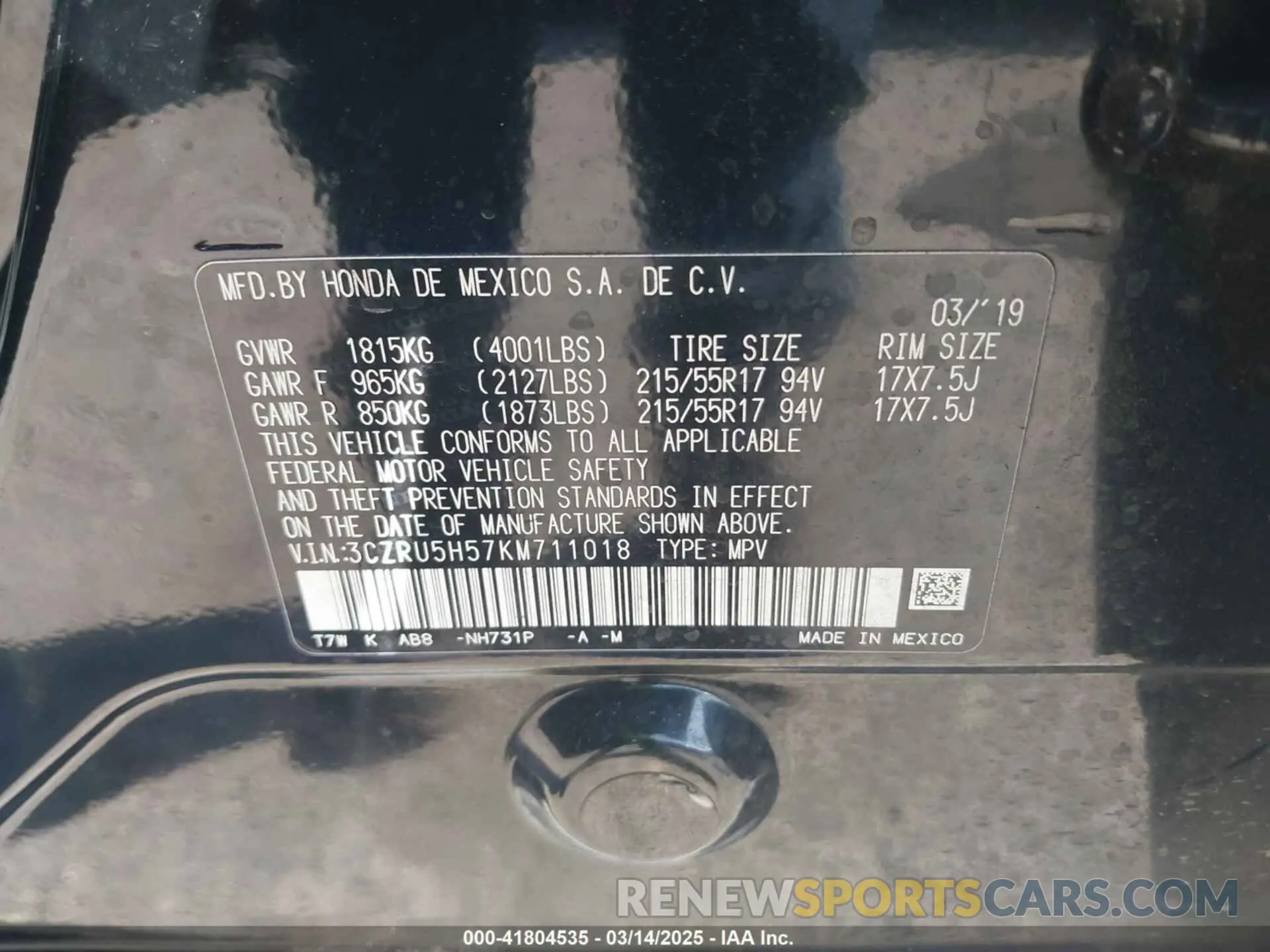 9 Photograph of a damaged car 3CZRU5H57KM711018 HONDA HR-V 2019
