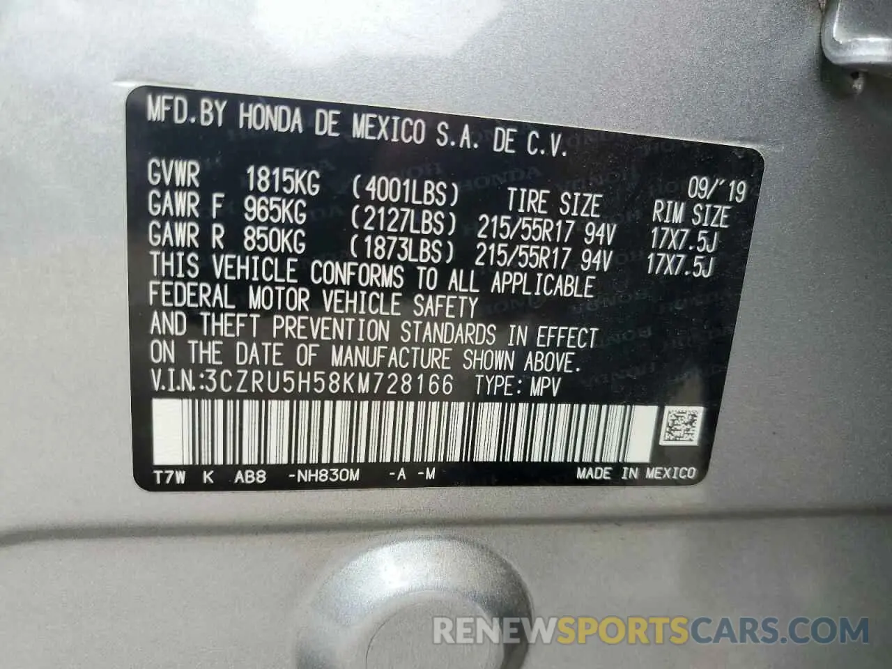 15 Фотография поврежденного автомобиля 3CZRU5H58KM728166 HONDA HR-V 2019