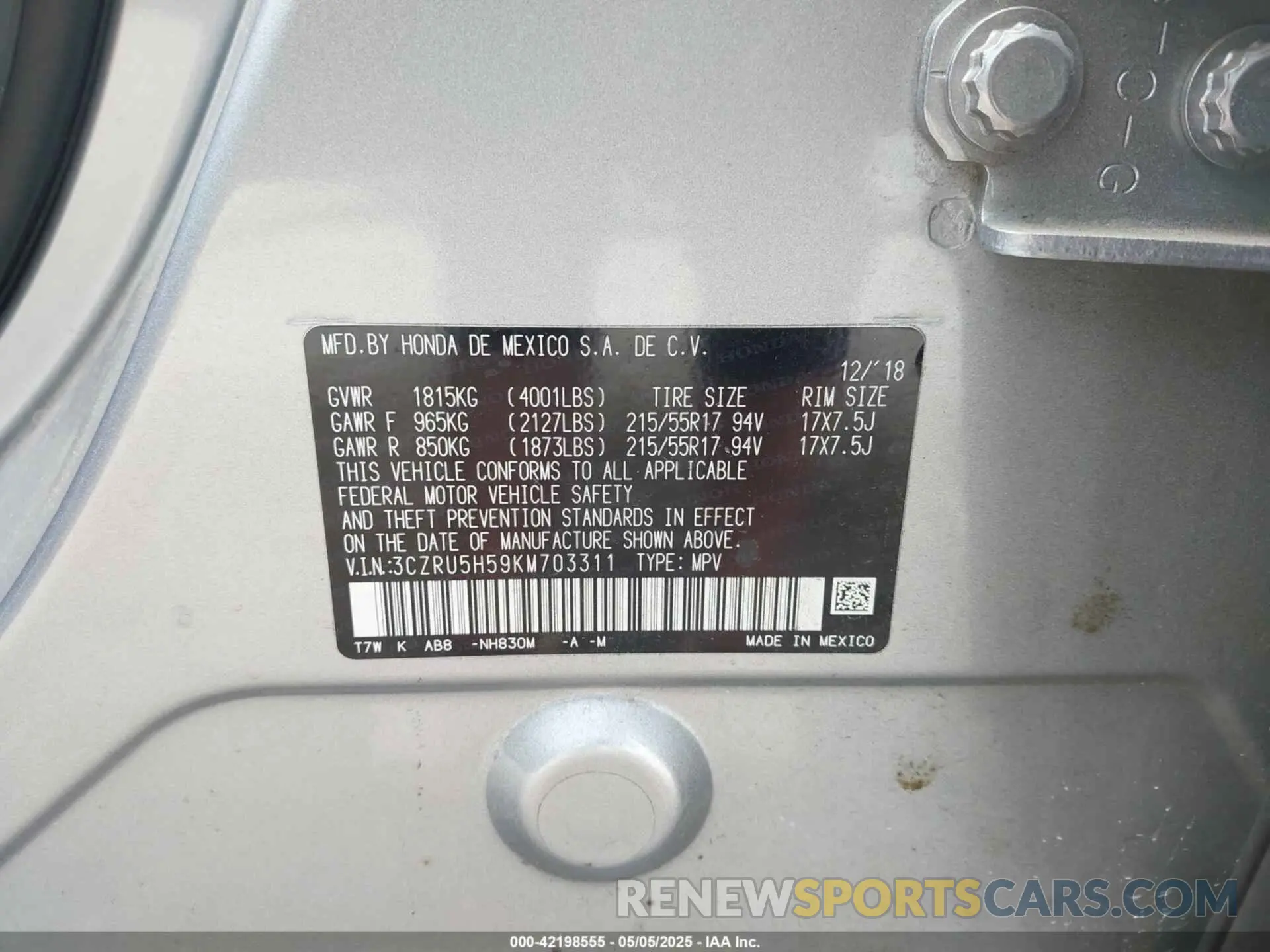 9 Photograph of a damaged car 3CZRU5H59KM703311 HONDA HR-V 2019