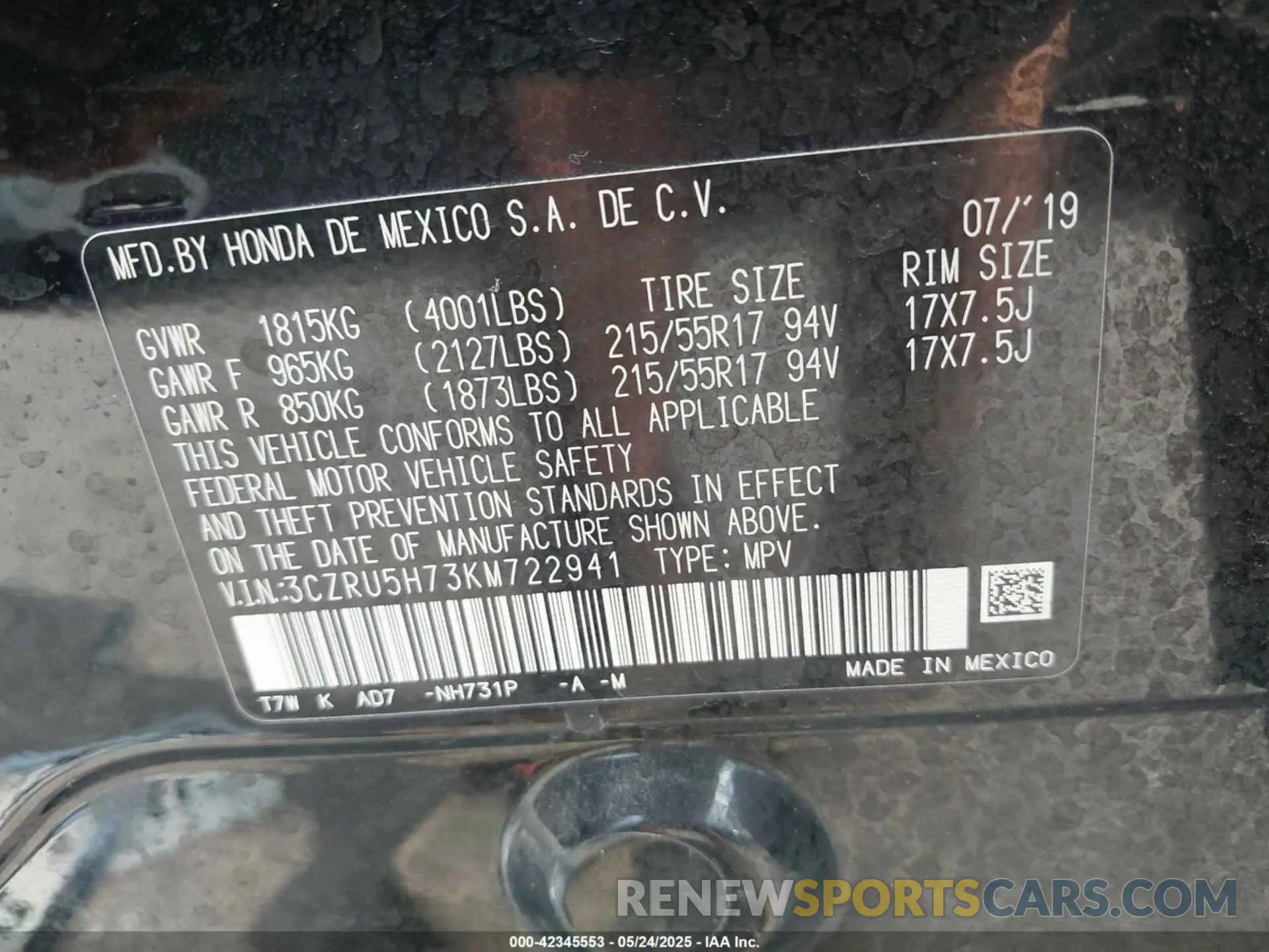 9 Photograph of a damaged car 3CZRU5H73KM722941 HONDA HR-V 2019