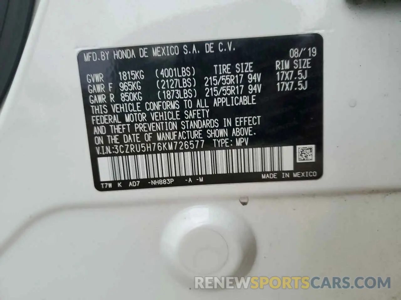 12 Photograph of a damaged car 3CZRU5H76KM726577 HONDA HR-V 2019