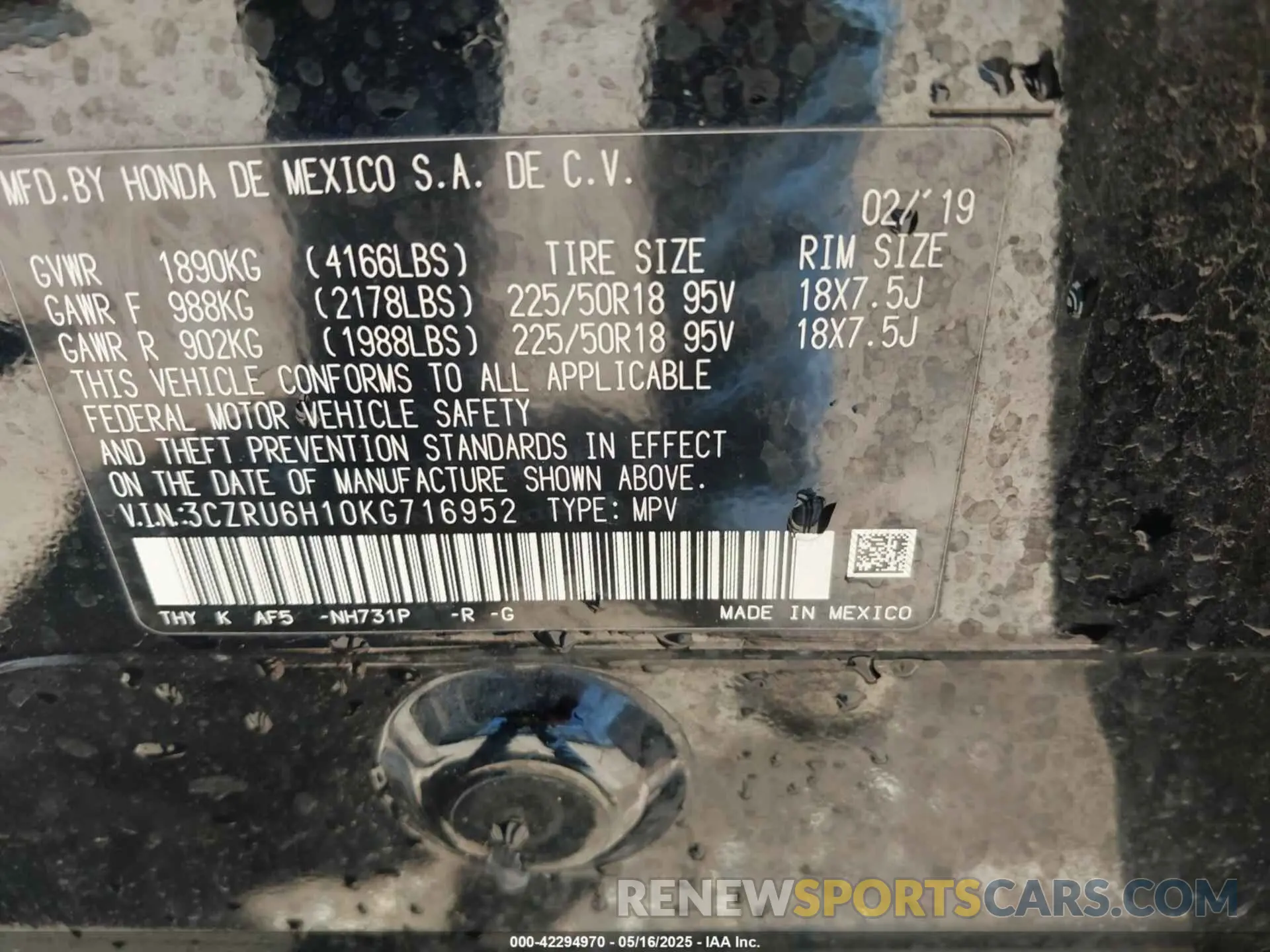 9 Photograph of a damaged car 3CZRU6H10KG716952 HONDA HR-V 2019