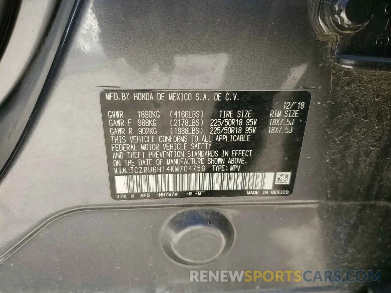 13 Photograph of a damaged car 3CZRU6H14KM704756 HONDA HR-V 2019