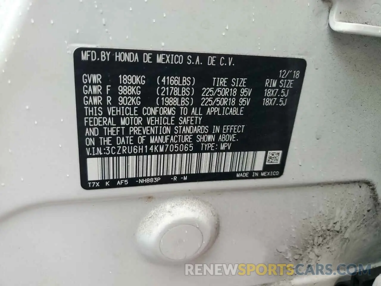 16 Photograph of a damaged car 3CZRU6H14KM705065 HONDA HR-V 2019