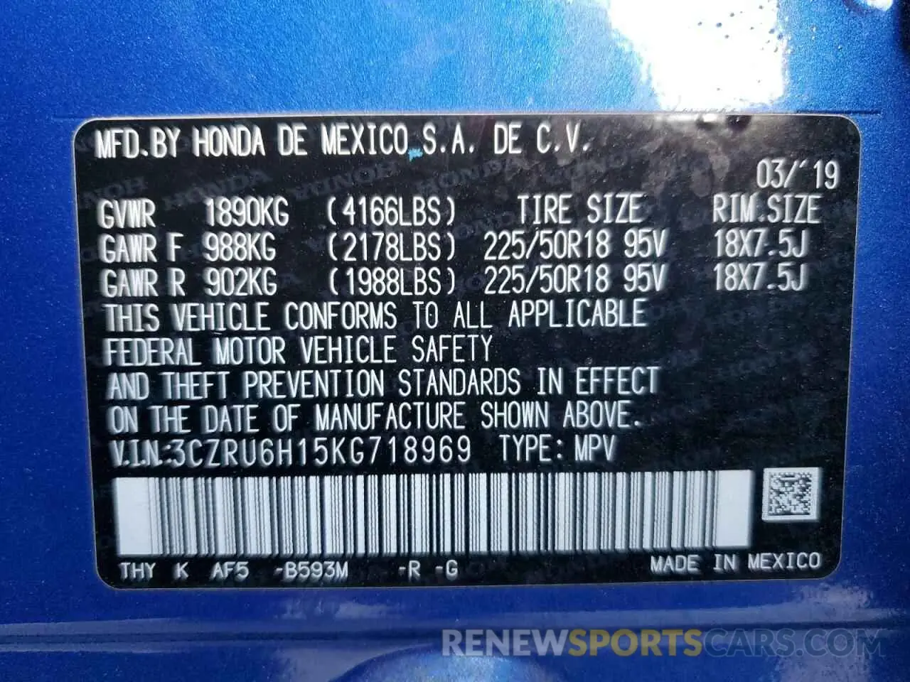 14 Photograph of a damaged car 3CZRU6H15KG718969 HONDA HR-V 2019