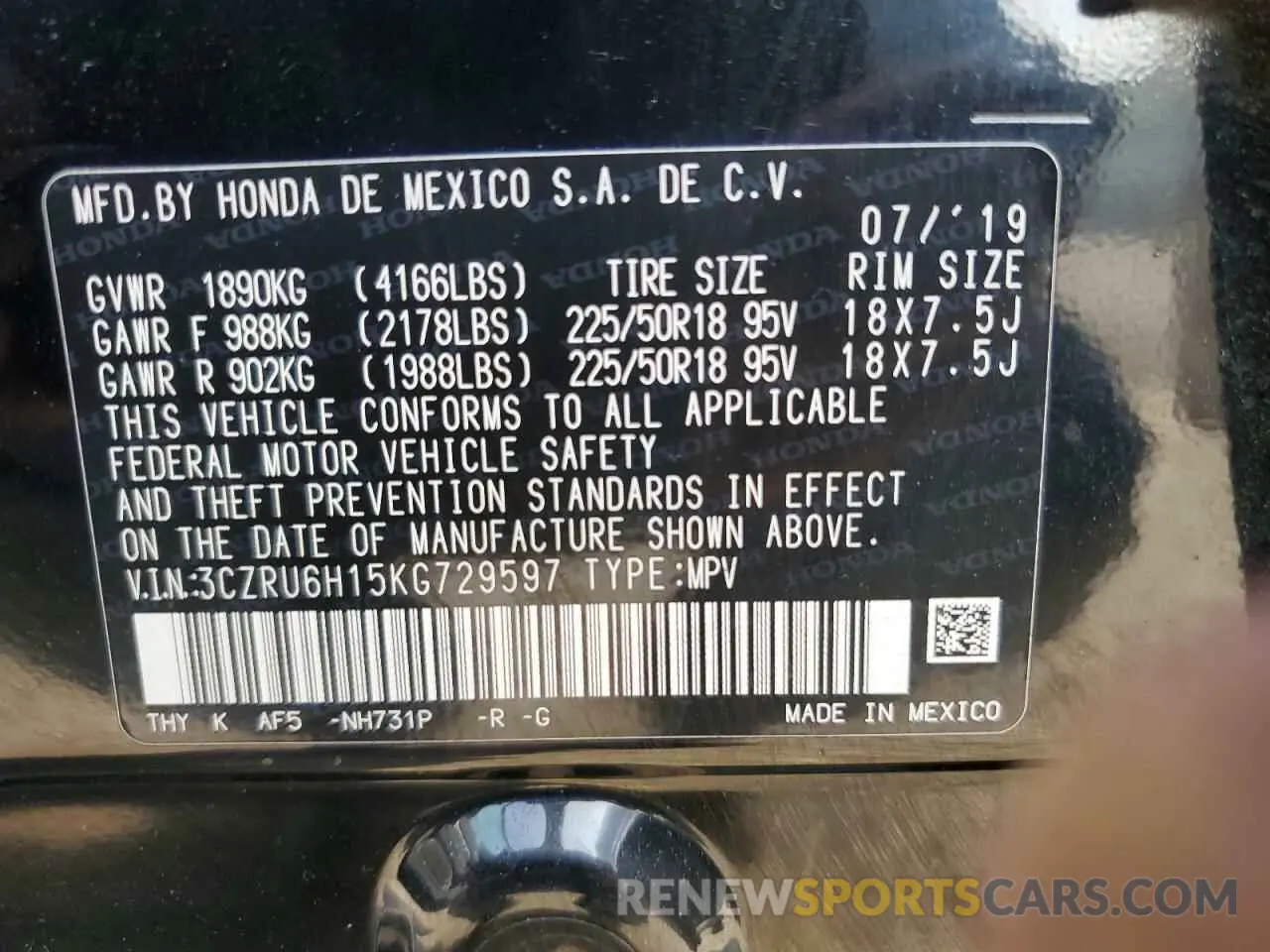 14 Photograph of a damaged car 3CZRU6H15KG729597 HONDA HR-V 2019