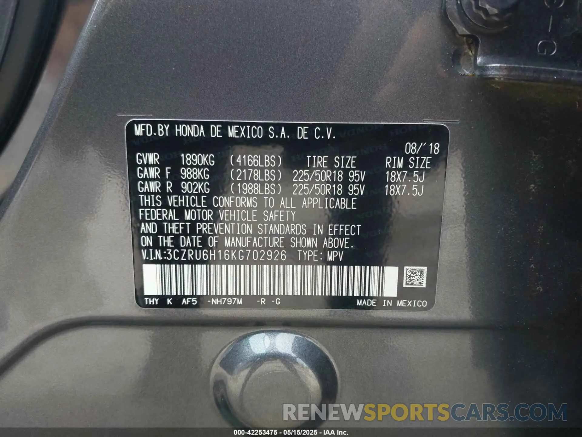 9 Фотография поврежденного автомобиля 3CZRU6H16KG702926 HONDA HR-V 2019