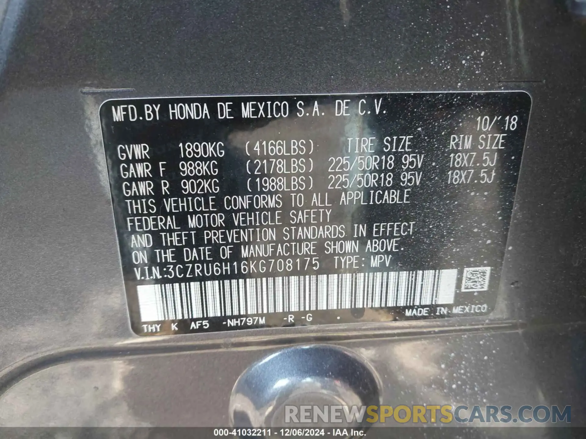 9 Photograph of a damaged car 3CZRU6H16KG708175 HONDA HR-V 2019