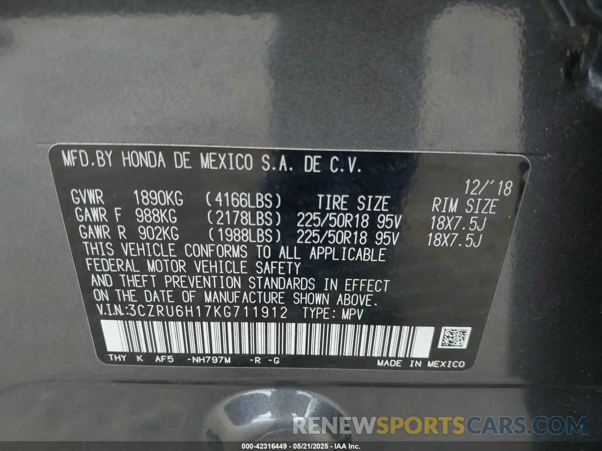 9 Фотография поврежденного автомобиля 3CZRU6H17KG711912 HONDA HR-V 2019