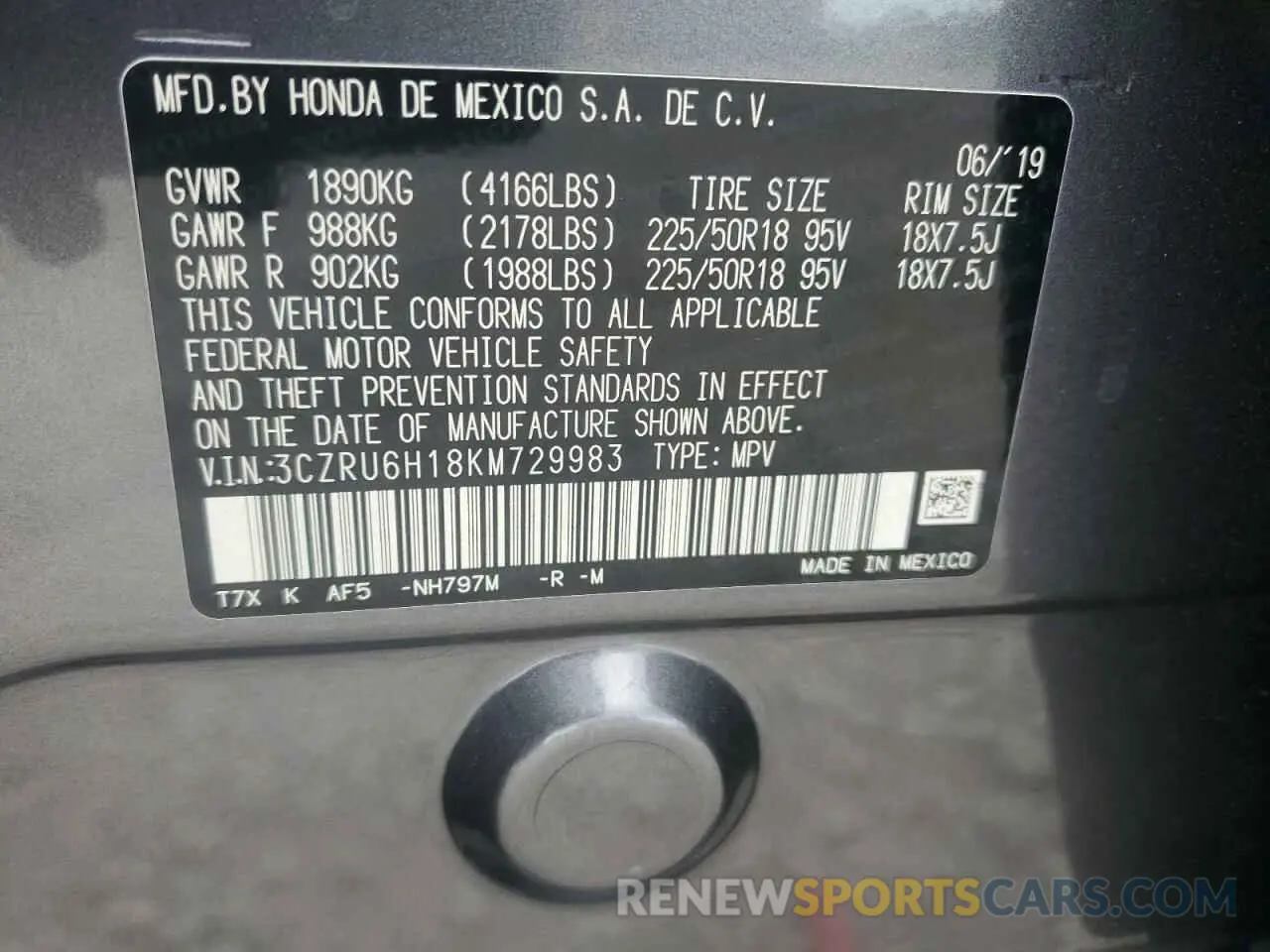 16 Фотография поврежденного автомобиля 3CZRU6H18KM729983 HONDA HR-V 2019