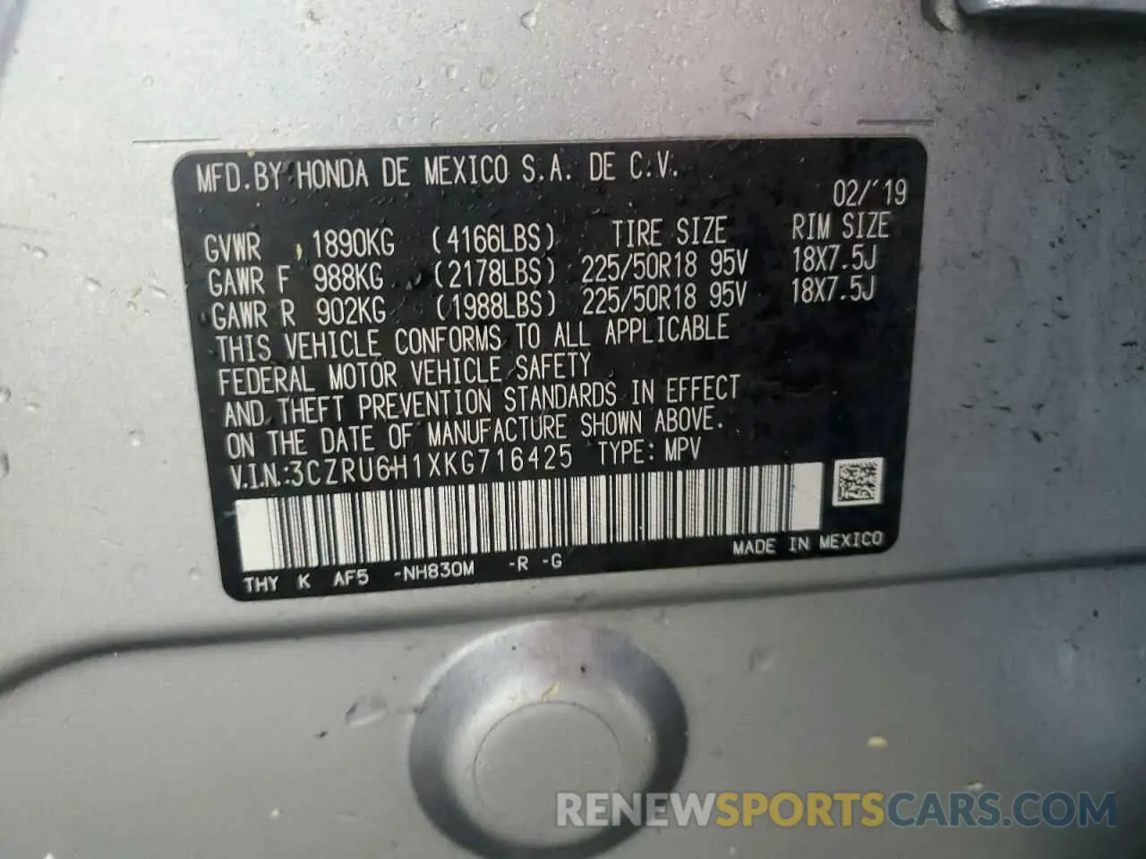 14 Photograph of a damaged car 3CZRU6H1XKG716425 HONDA HR-V 2019
