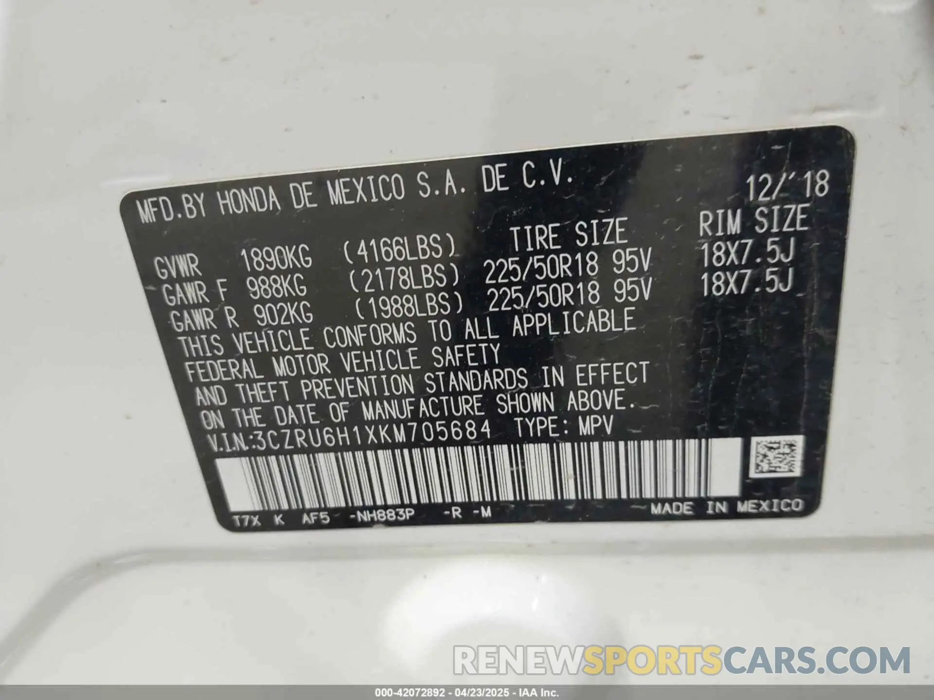 9 Photograph of a damaged car 3CZRU6H1XKM705684 HONDA HR-V 2019