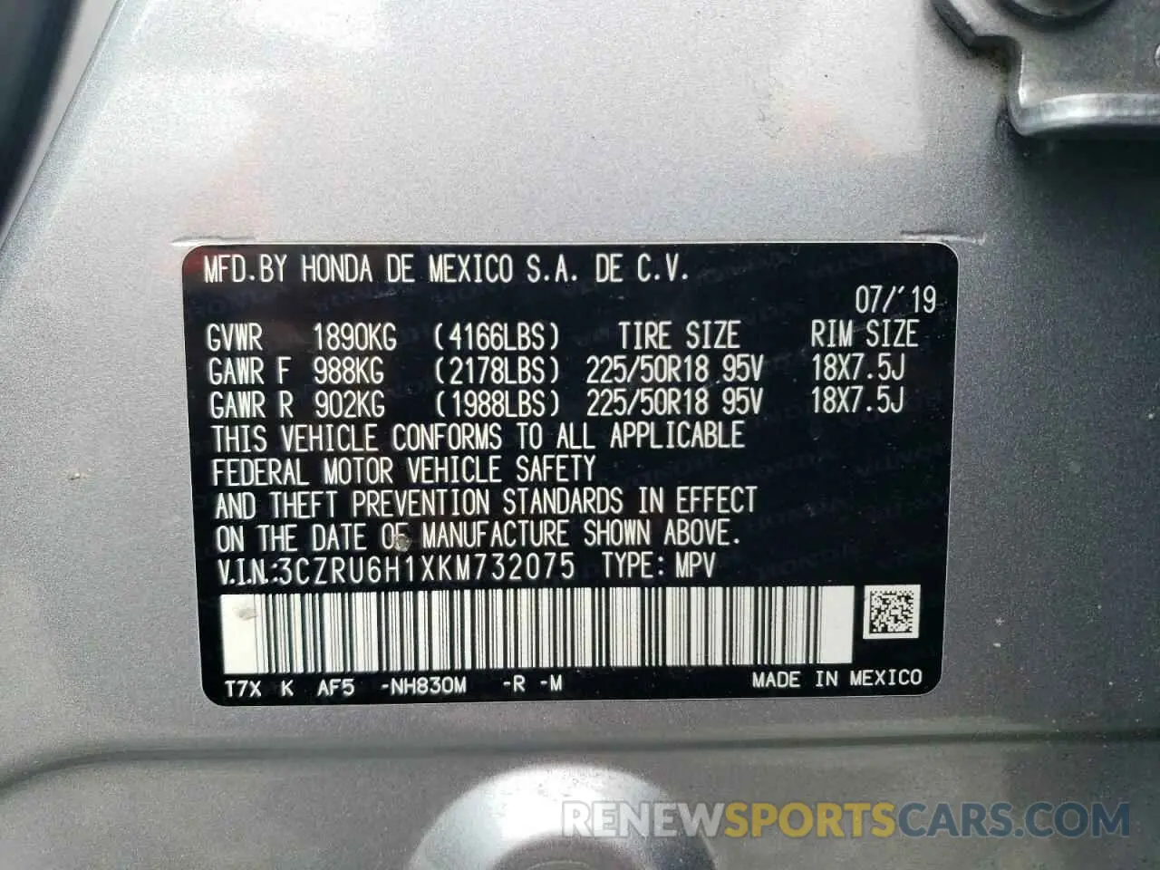 13 Photograph of a damaged car 3CZRU6H1XKM732075 HONDA HR-V 2019