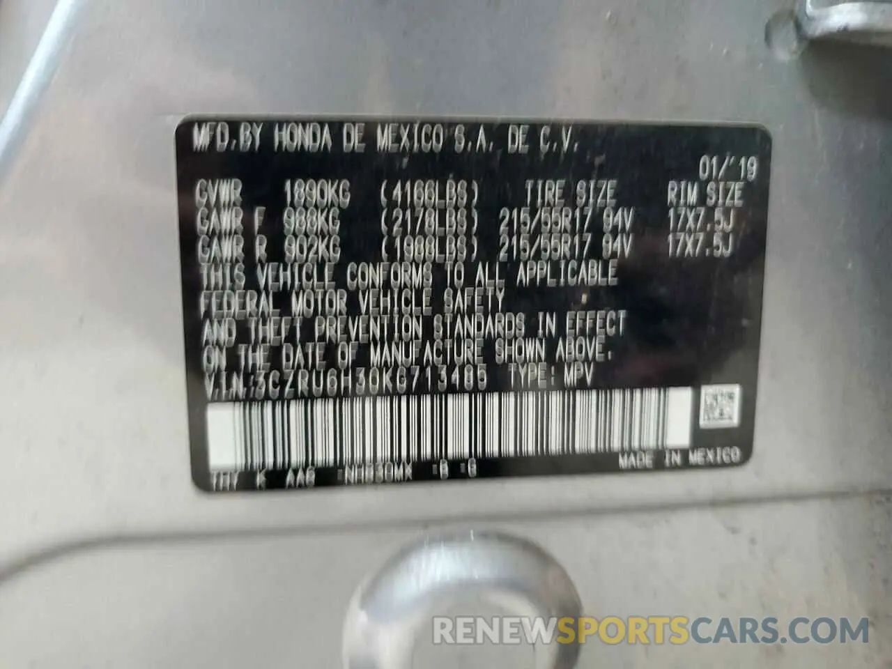 14 Photograph of a damaged car 3CZRU6H30KG713485 HONDA HR-V 2019