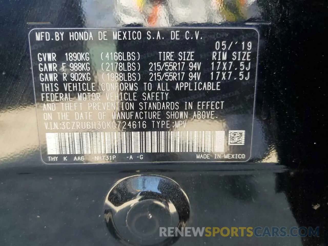 13 Photograph of a damaged car 3CZRU6H30KG724616 HONDA HR-V 2019