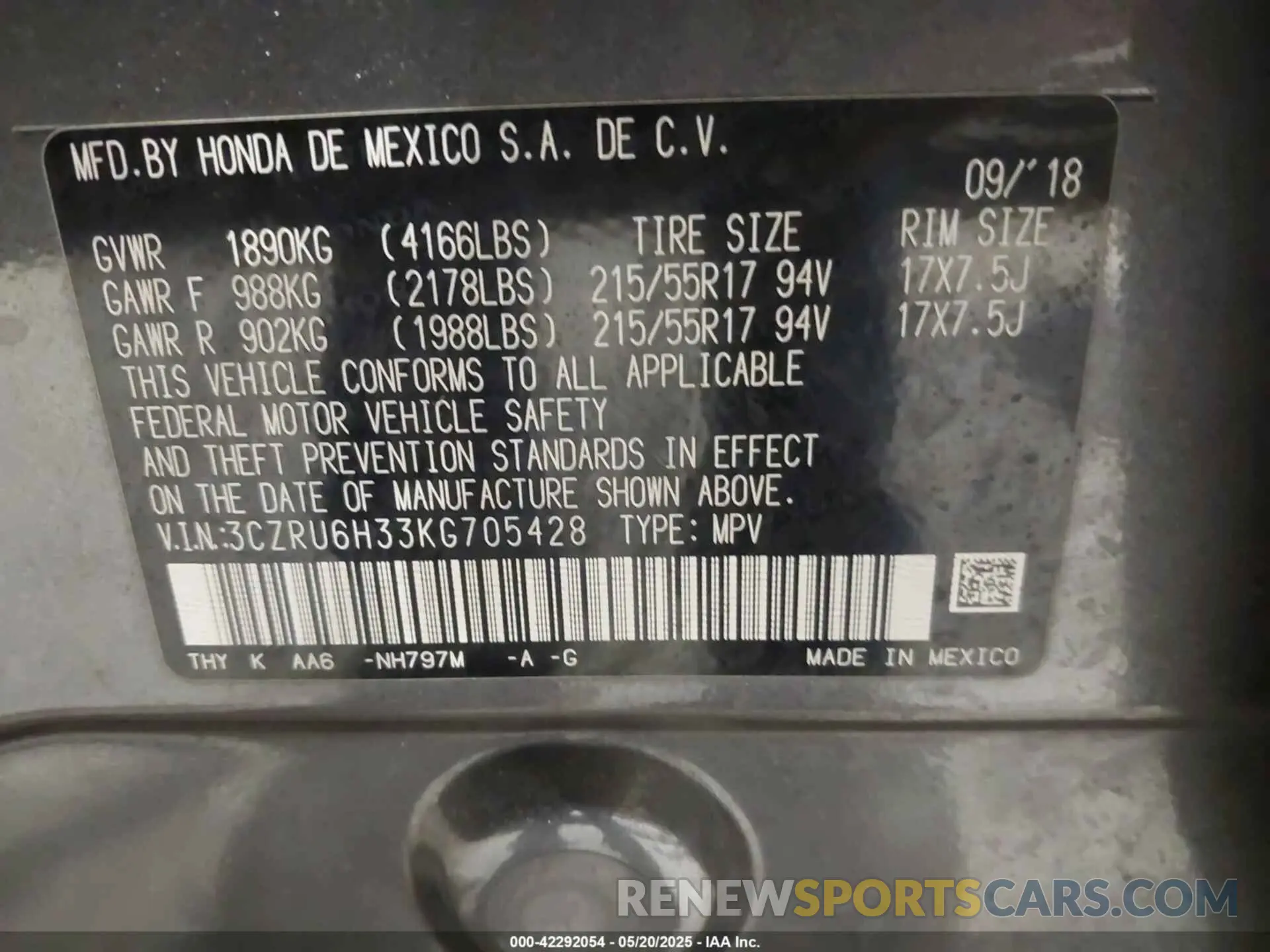 9 Фотография поврежденного автомобиля 3CZRU6H33KG705428 HONDA HR-V 2019