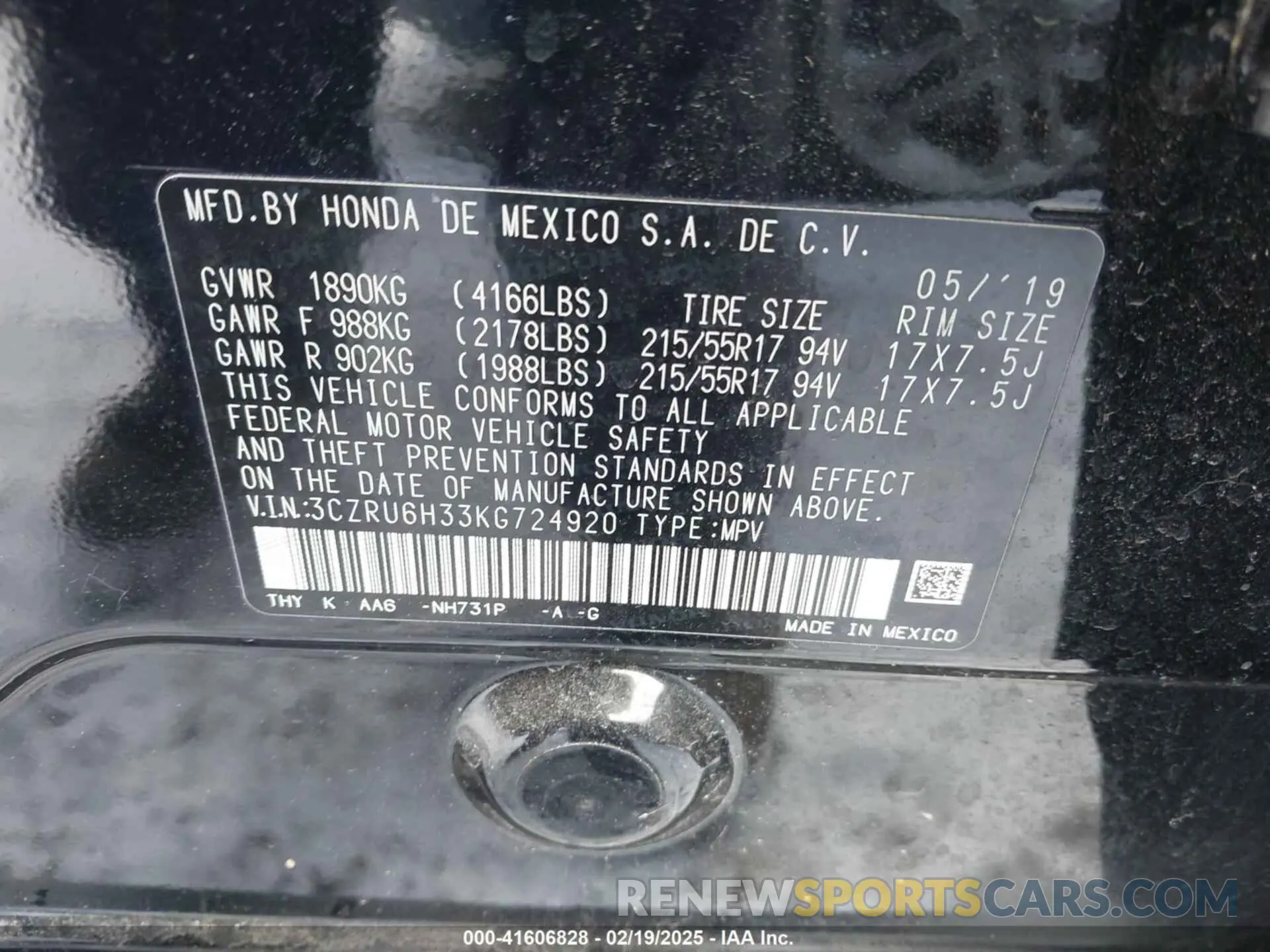 9 Photograph of a damaged car 3CZRU6H33KG724920 HONDA HR-V 2019