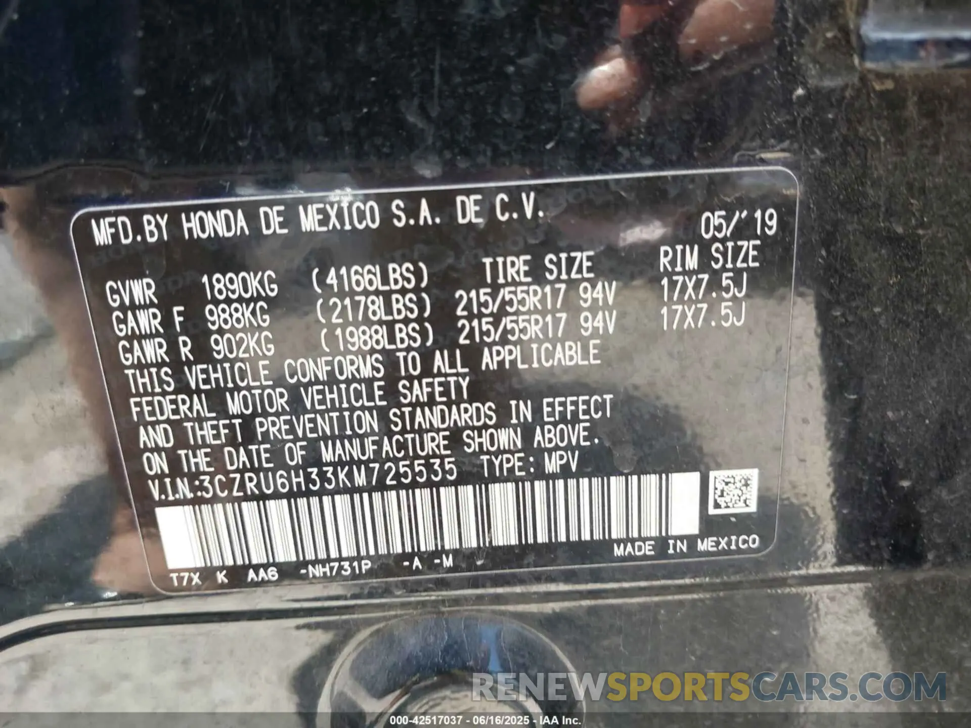 9 Photograph of a damaged car 3CZRU6H33KM725535 HONDA HR-V 2019