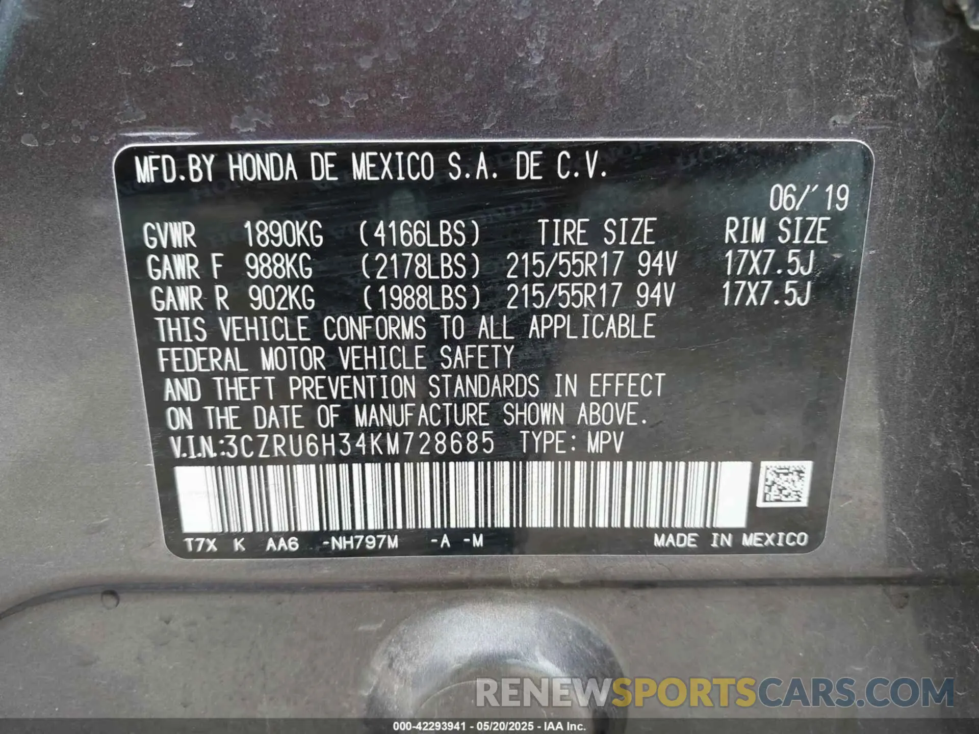 9 Photograph of a damaged car 3CZRU6H34KM728685 HONDA HR-V 2019