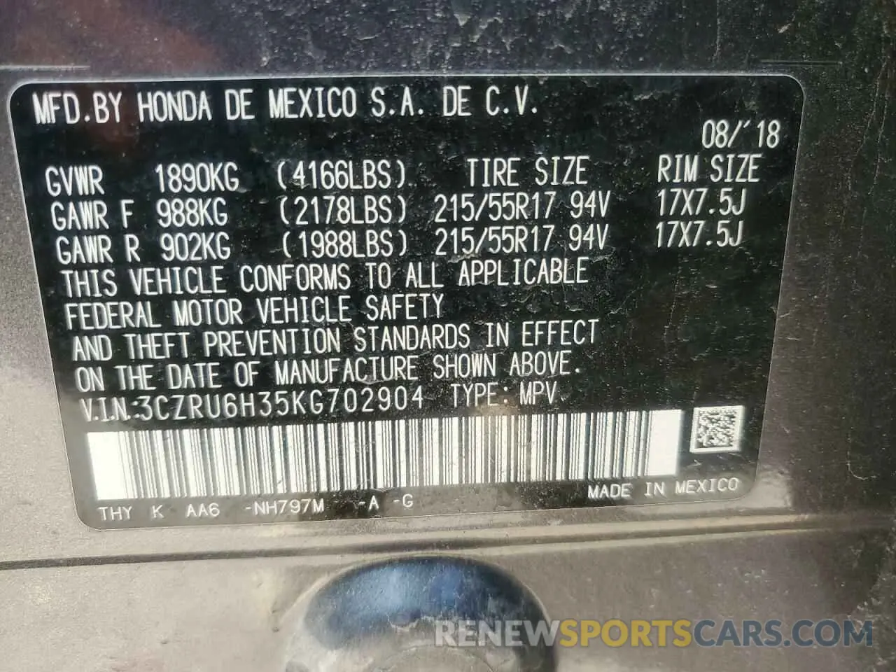 16 Фотография поврежденного автомобиля 3CZRU6H35KG702904 HONDA HR-V 2019