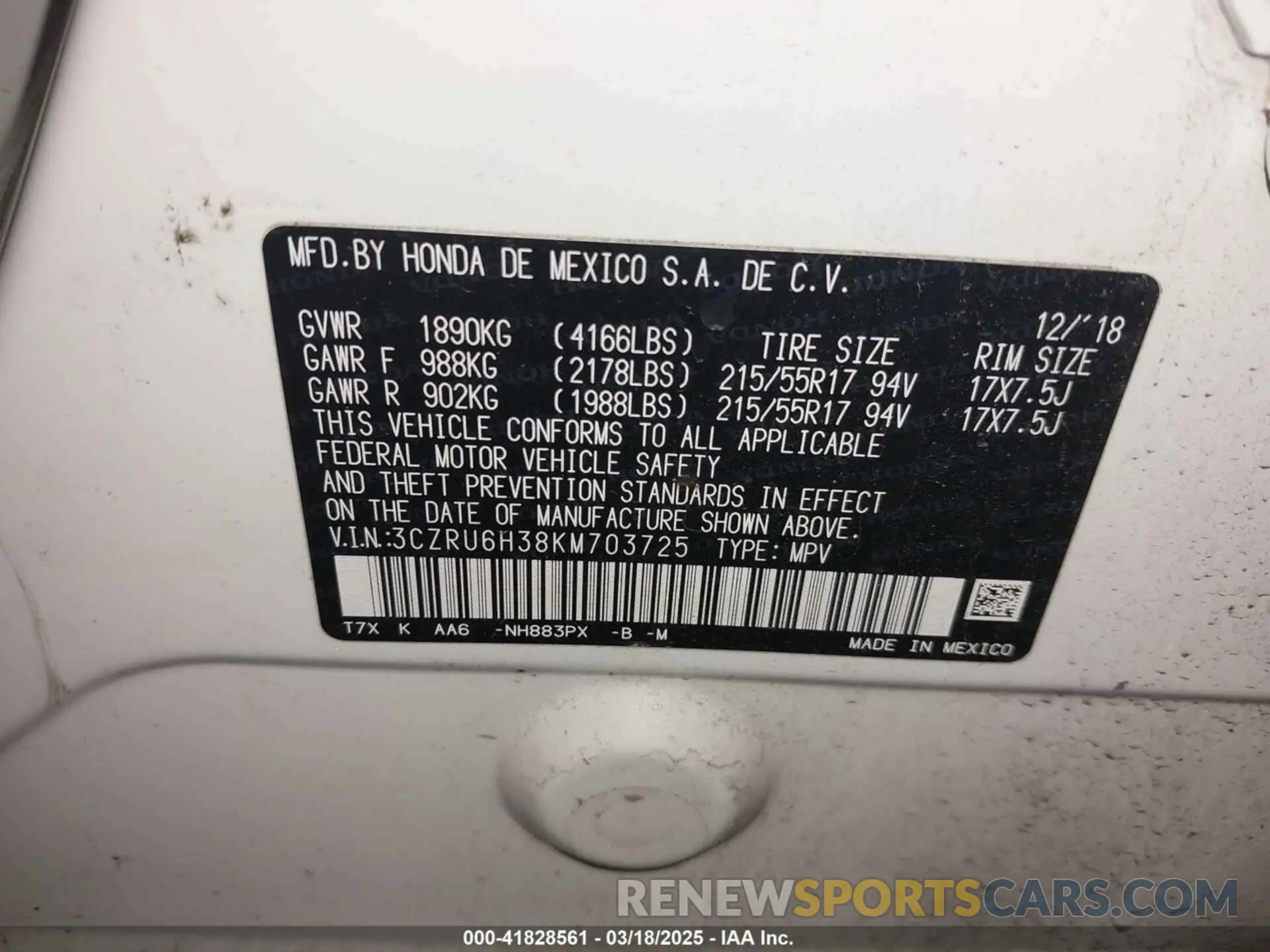 9 Photograph of a damaged car 3CZRU6H38KM703725 HONDA HR-V 2019