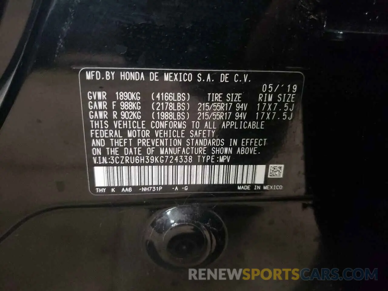 13 Photograph of a damaged car 3CZRU6H39KG724338 HONDA HR-V 2019