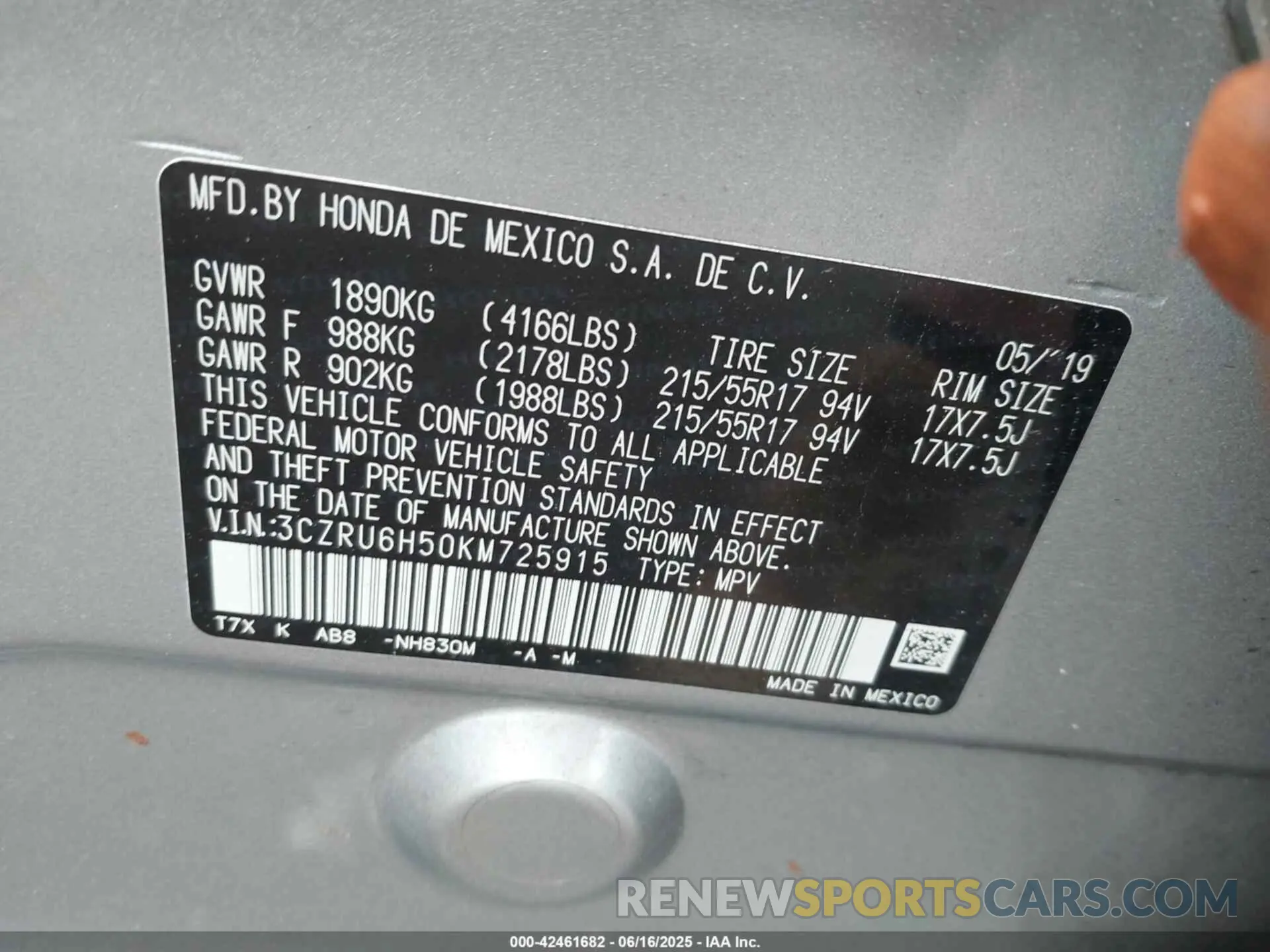 9 Photograph of a damaged car 3CZRU6H50KM725915 HONDA HR-V 2019