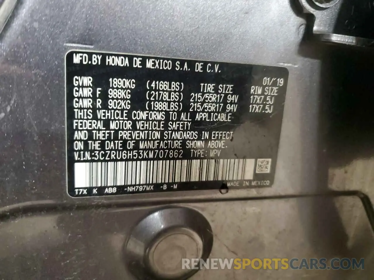 13 Photograph of a damaged car 3CZRU6H53KM707862 HONDA HR-V 2019