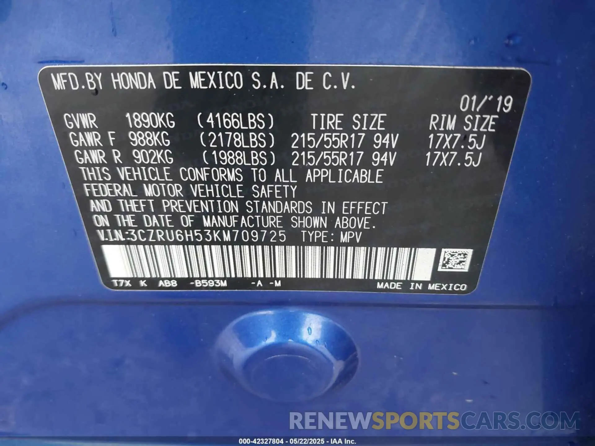 9 Фотография поврежденного автомобиля 3CZRU6H53KM709725 HONDA HR-V 2019