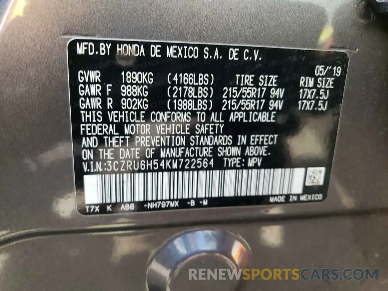 13 Photograph of a damaged car 3CZRU6H54KM722564 HONDA HR-V 2019