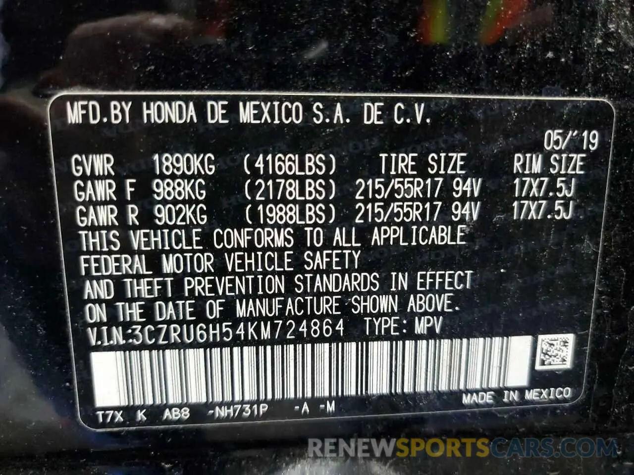 14 Photograph of a damaged car 3CZRU6H54KM724864 HONDA HR-V 2019