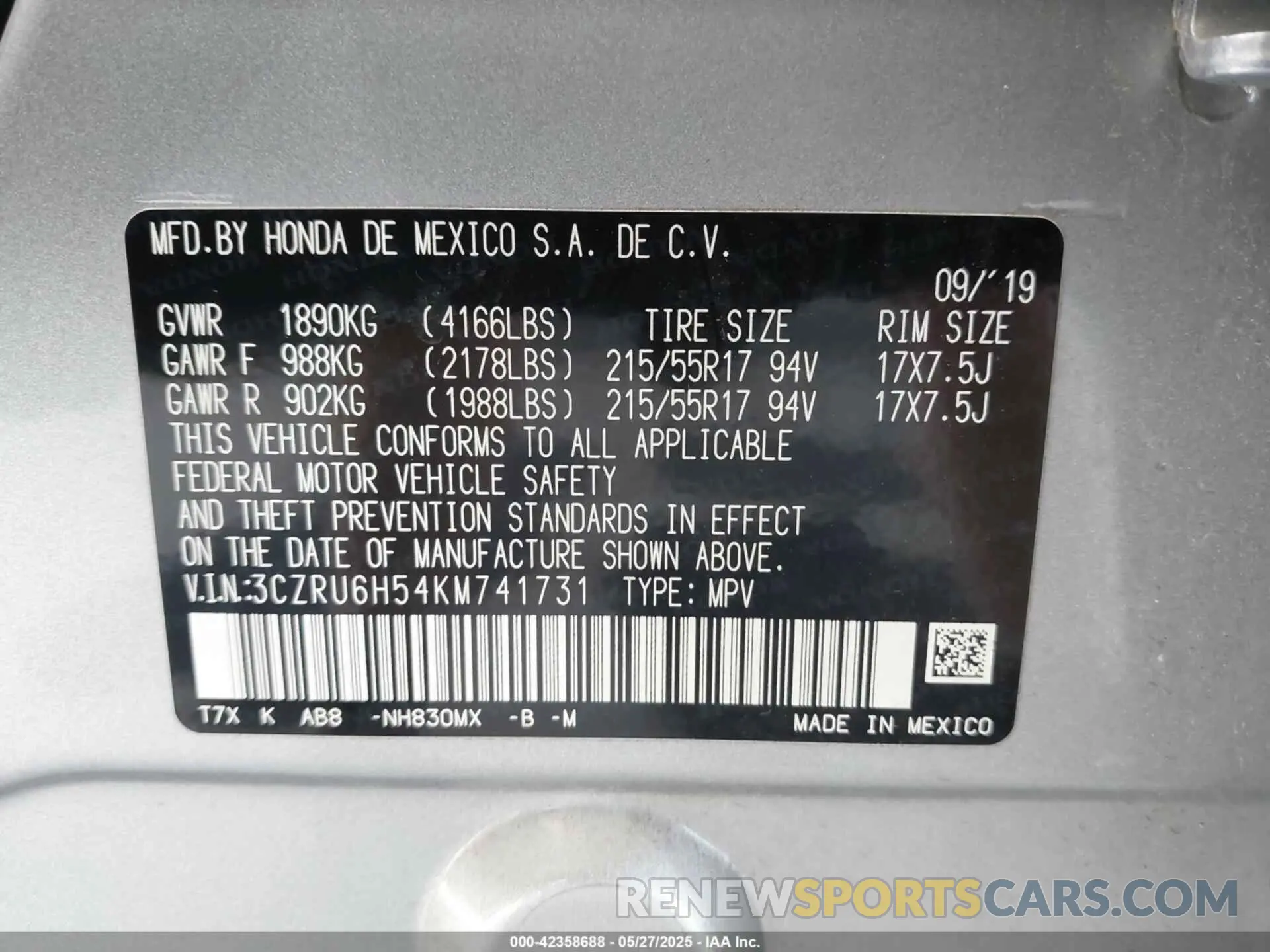 9 Photograph of a damaged car 3CZRU6H54KM741731 HONDA HR-V 2019