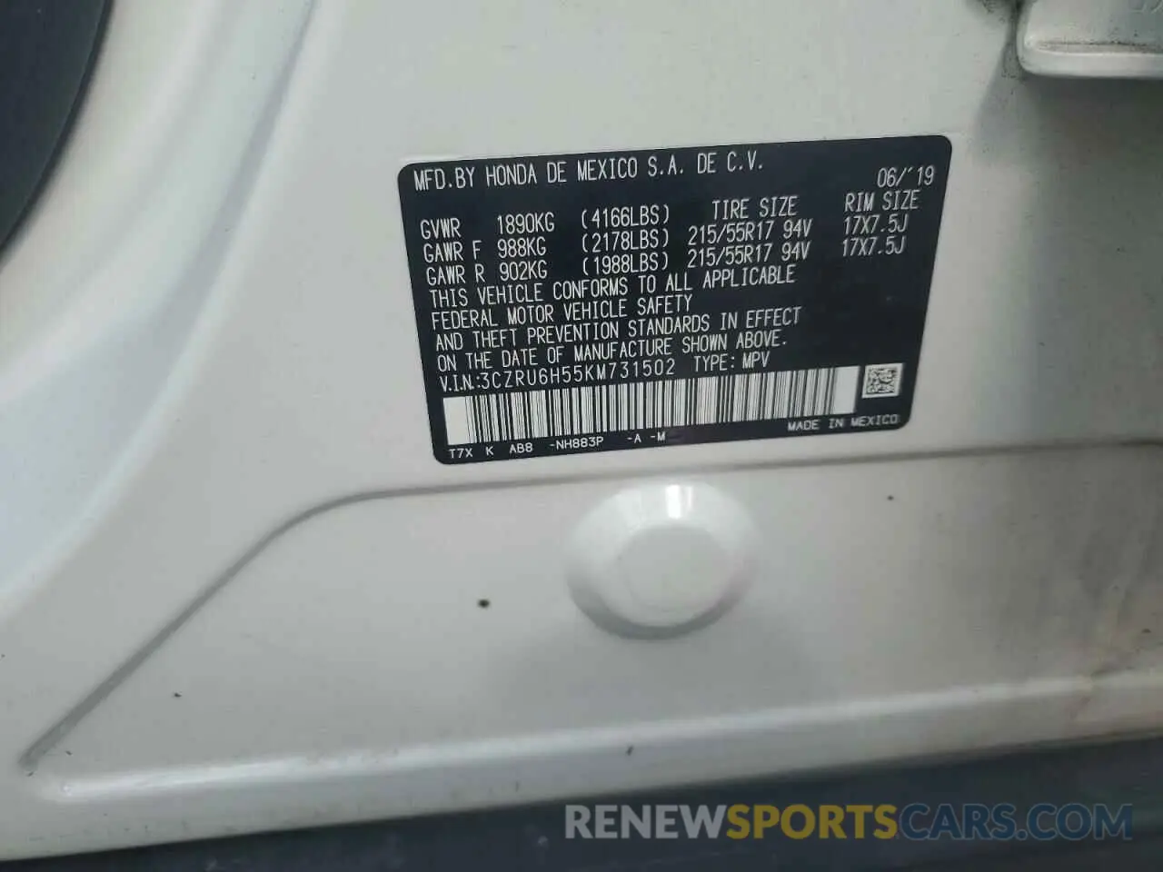 14 Photograph of a damaged car 3CZRU6H55KM731502 HONDA HR-V 2019