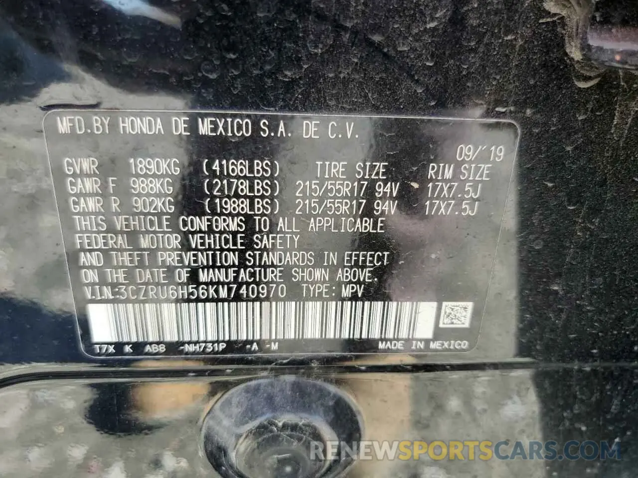 15 Photograph of a damaged car 3CZRU6H56KM740970 HONDA HR-V 2019
