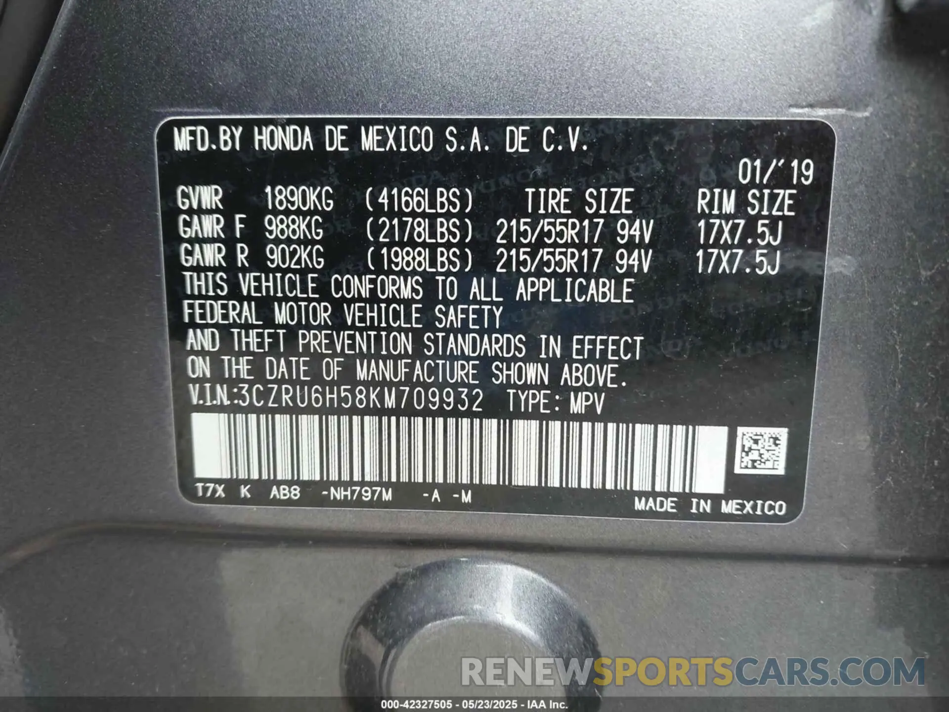 9 Photograph of a damaged car 3CZRU6H58KM709932 HONDA HR-V 2019