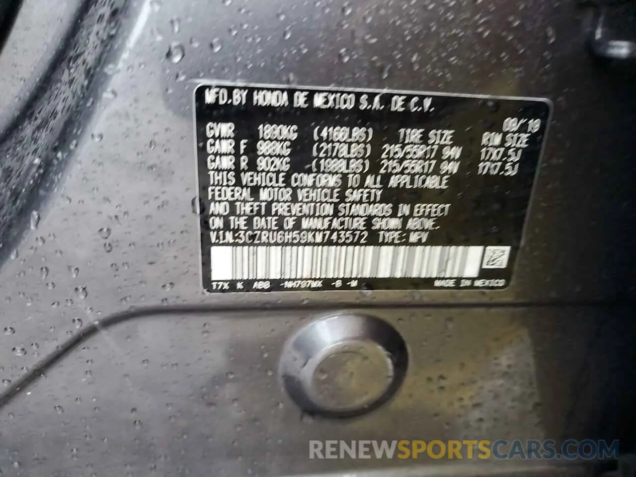 13 Photograph of a damaged car 3CZRU6H59KM743572 HONDA HR-V 2019