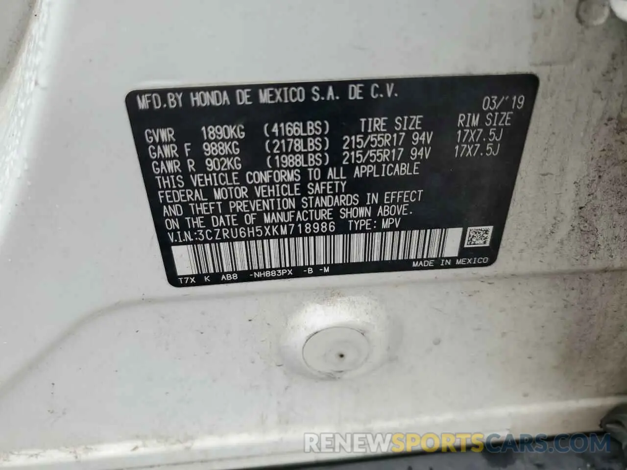 14 Photograph of a damaged car 3CZRU6H5XKM718986 HONDA HR-V 2019