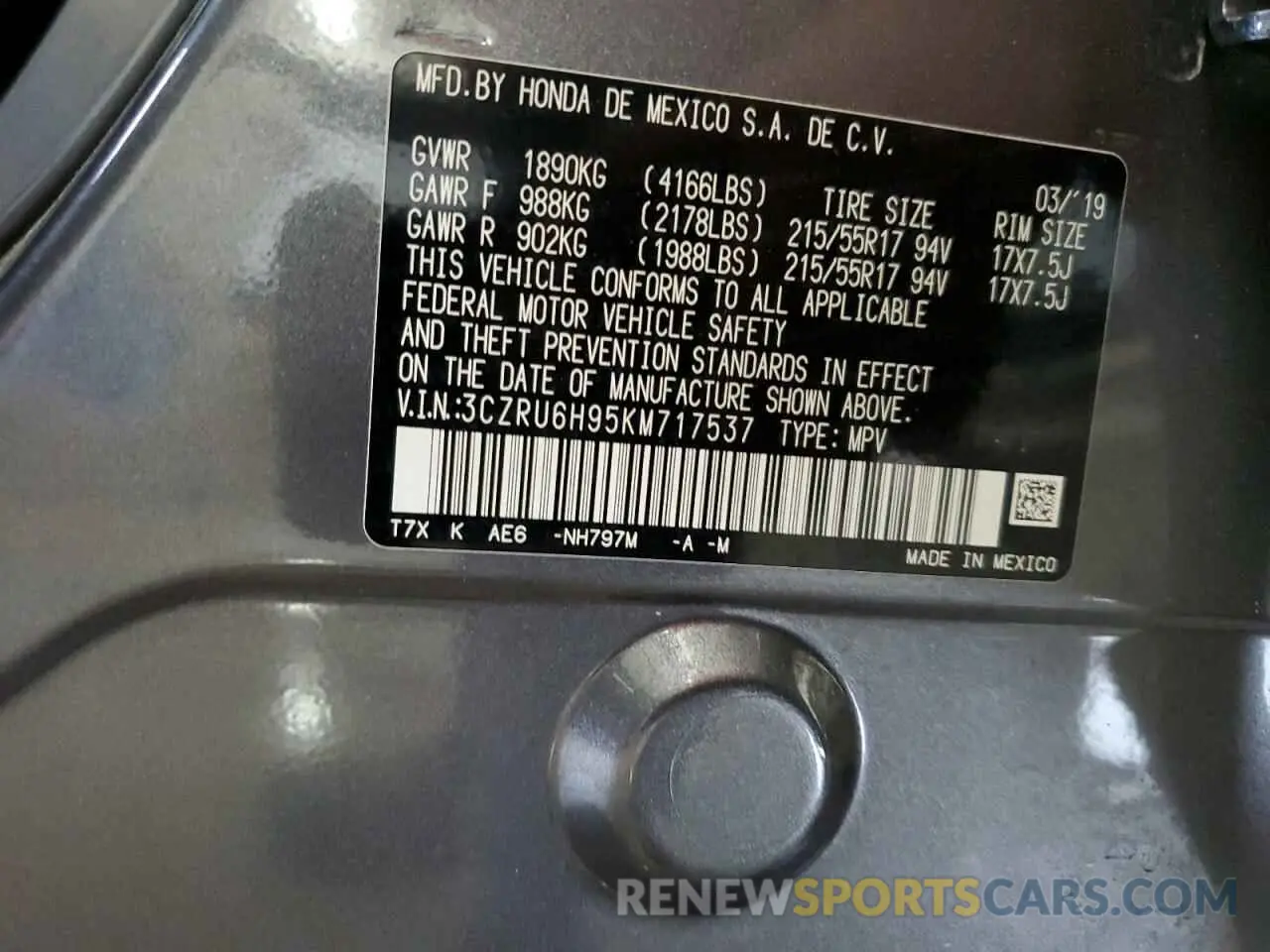 13 Photograph of a damaged car 3CZRU6H95KM717537 HONDA HR-V 2019