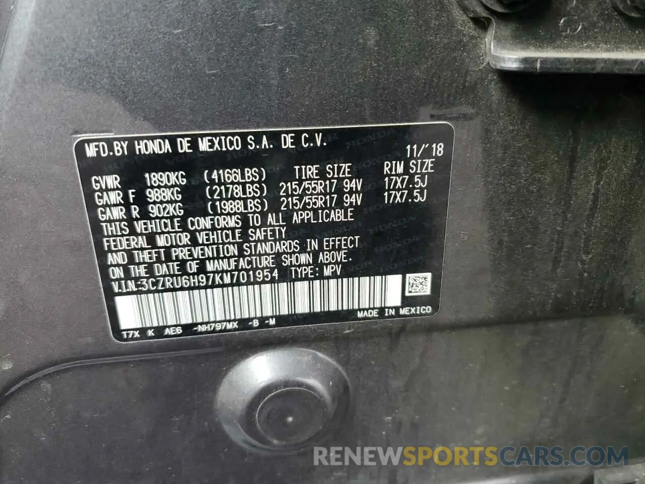 12 Photograph of a damaged car 3CZRU6H97KM701954 HONDA HR-V 2019