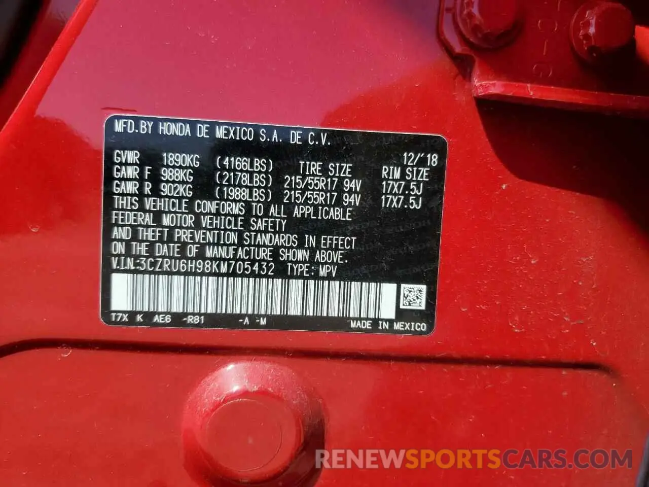 13 Фотография поврежденного автомобиля 3CZRU6H98KM705432 HONDA HR-V 2019
