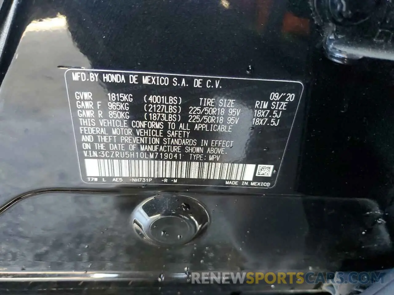 15 Photograph of a damaged car 3CZRU5H10LM719041 HONDA HR-V 2020