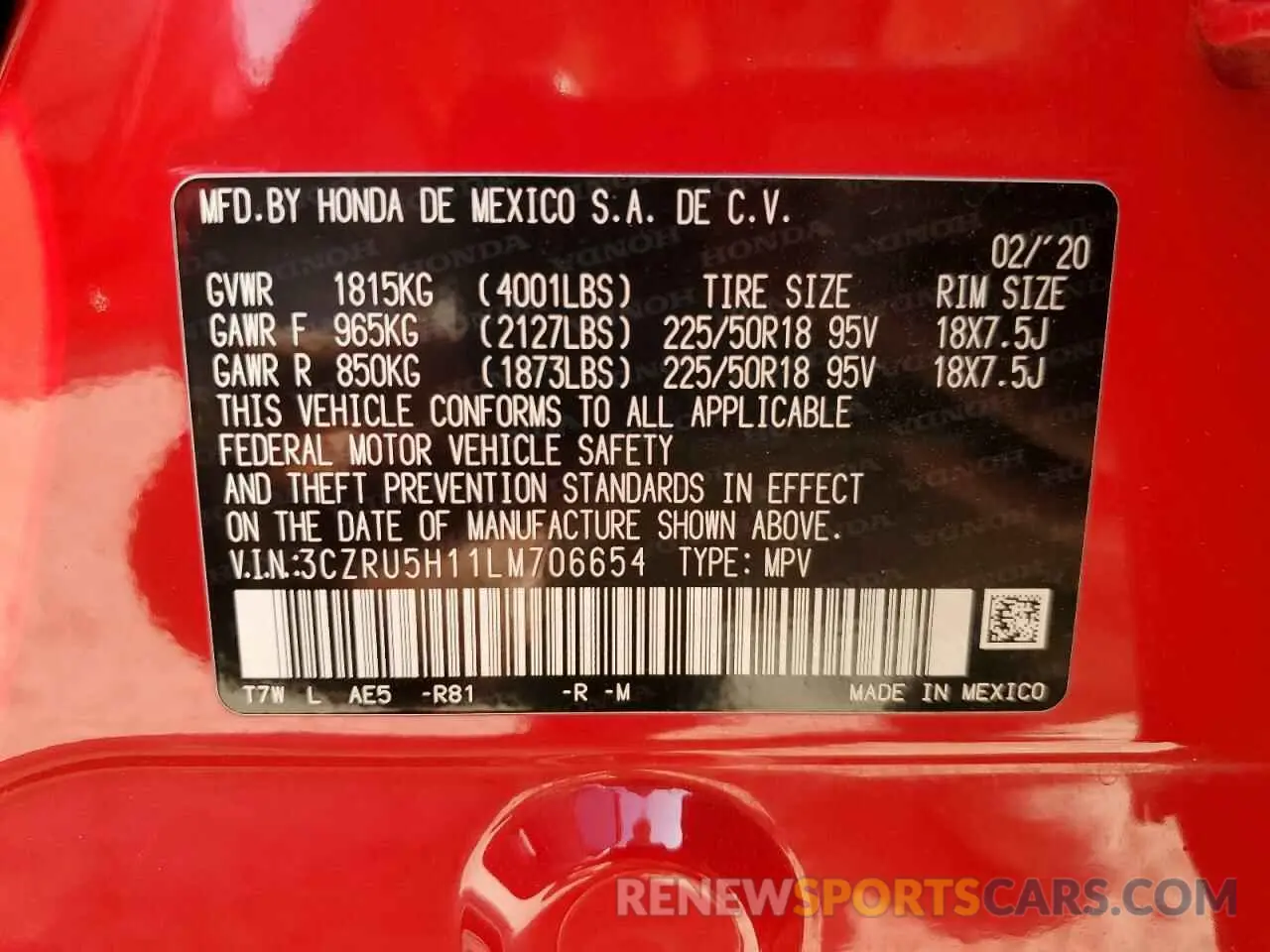 13 Photograph of a damaged car 3CZRU5H11LM706654 HONDA HR-V 2020
