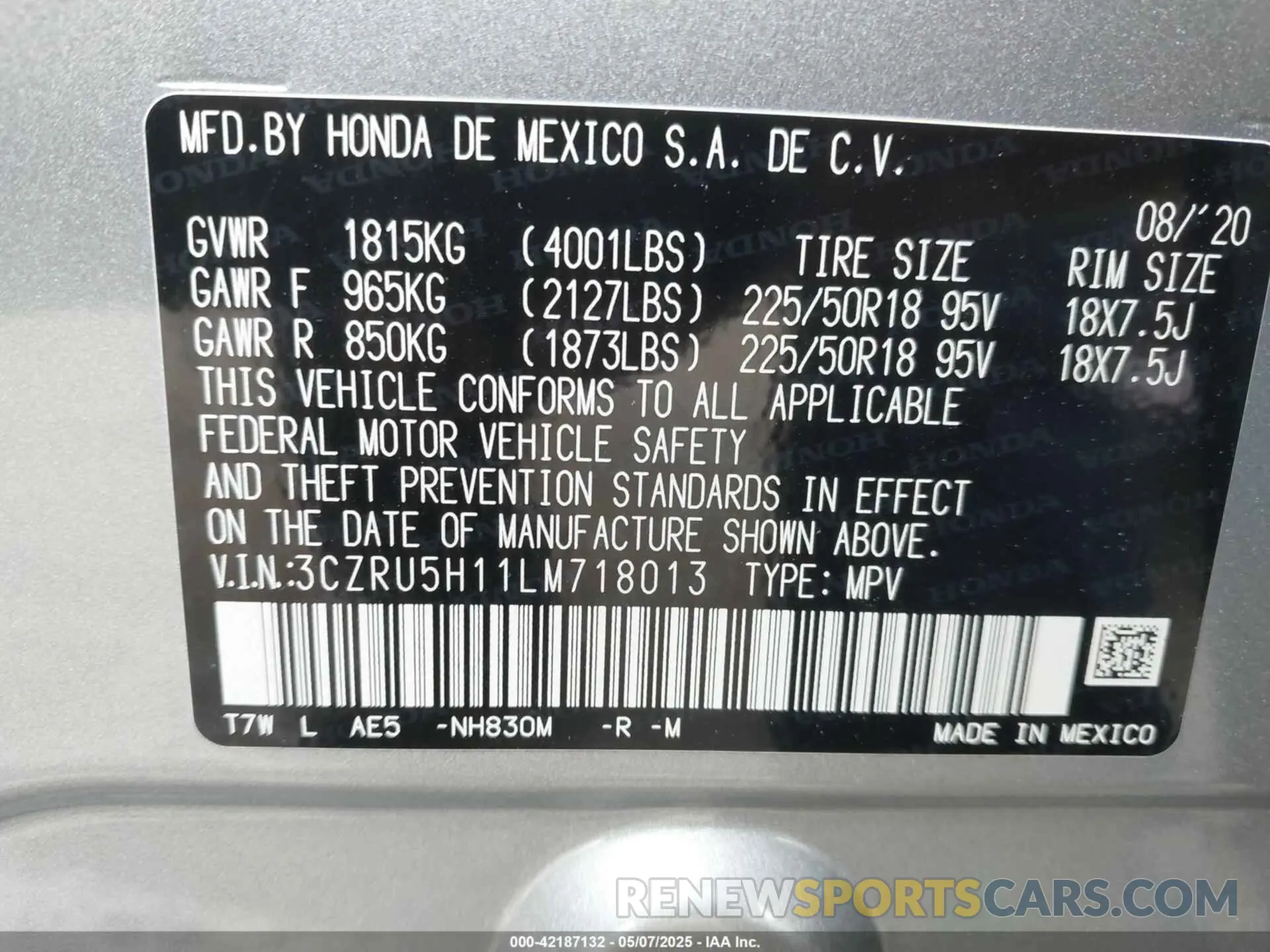 9 Фотография поврежденного автомобиля 3CZRU5H11LM718013 HONDA HR-V 2020