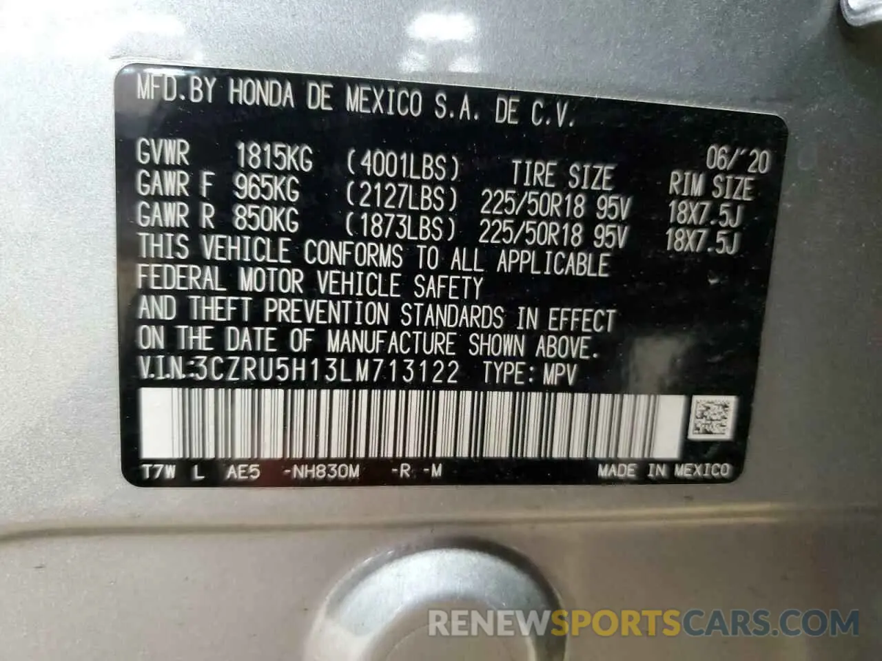 13 Photograph of a damaged car 3CZRU5H13LM713122 HONDA HR-V 2020
